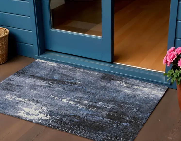 3' X 5' Blue And Ivory Abstract Washable Indoor Outdoor Area Rug