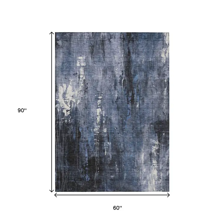 5' X 8' Blue And Ivory Abstract Washable Indoor Outdoor Area Rug
