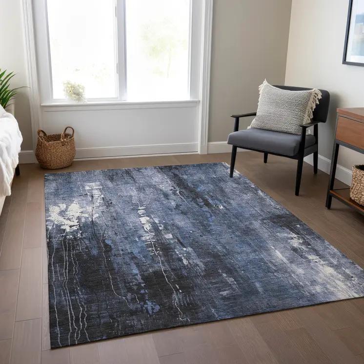 5' X 8' Blue And Ivory Abstract Washable Indoor Outdoor Area Rug