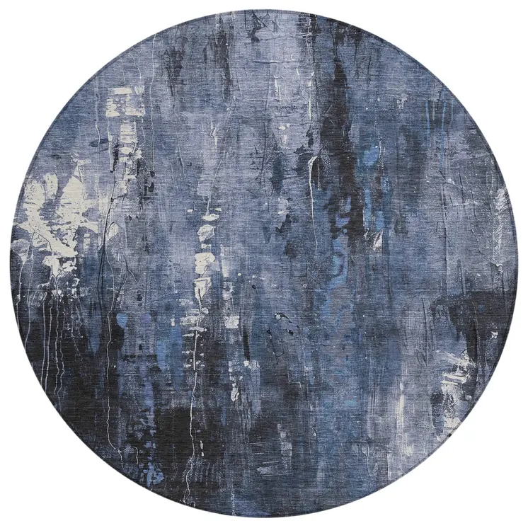 8' Blue And Ivory Round Abstract Washable Indoor Outdoor Area Rug
