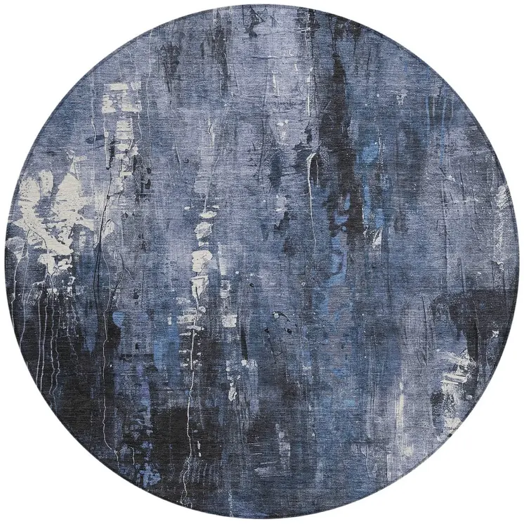 8' Blue And Ivory Round Abstract Washable Indoor Outdoor Area Rug