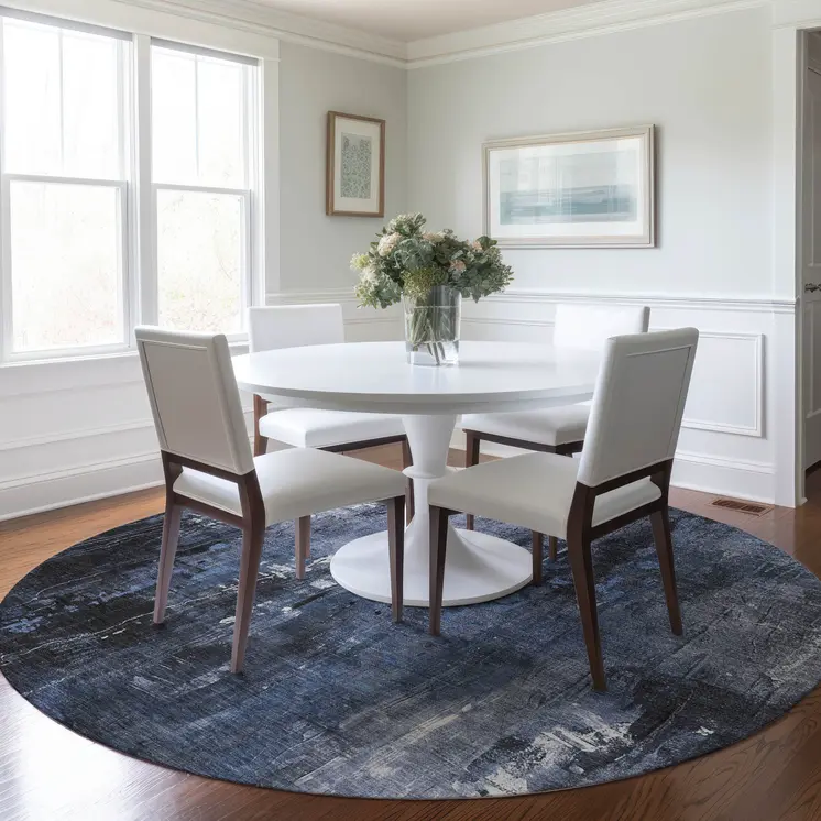 8' Blue And Ivory Round Abstract Washable Indoor Outdoor Area Rug