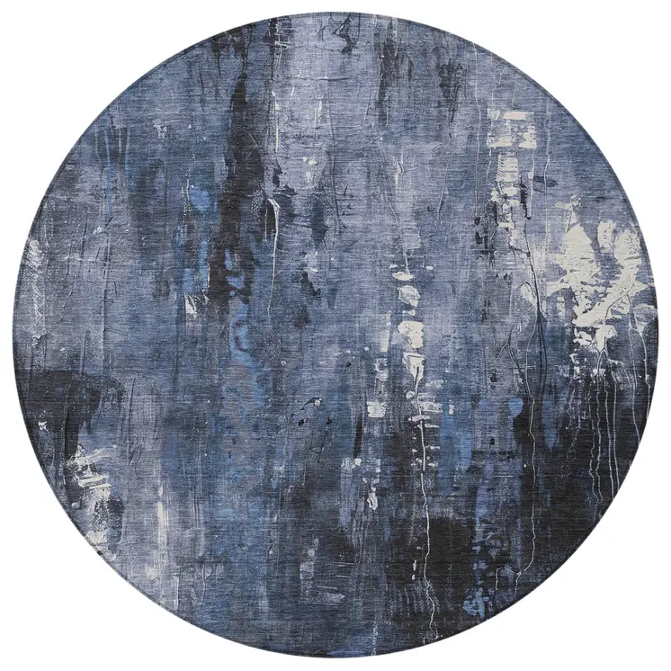 8' Blue And Ivory Round Abstract Washable Indoor Outdoor Area Rug