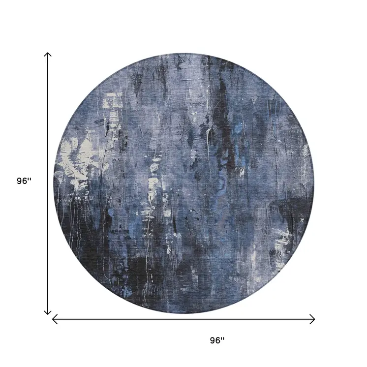 8' Blue And Ivory Round Abstract Washable Indoor Outdoor Area Rug
