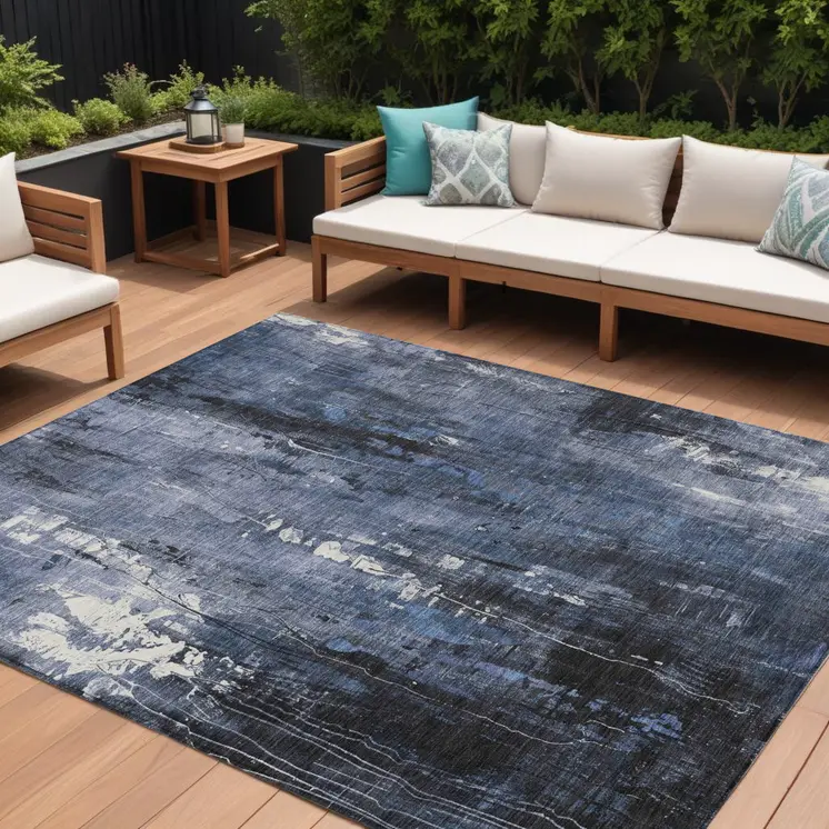 8' X 10' Blue And Ivory Abstract Washable Indoor Outdoor Area Rug