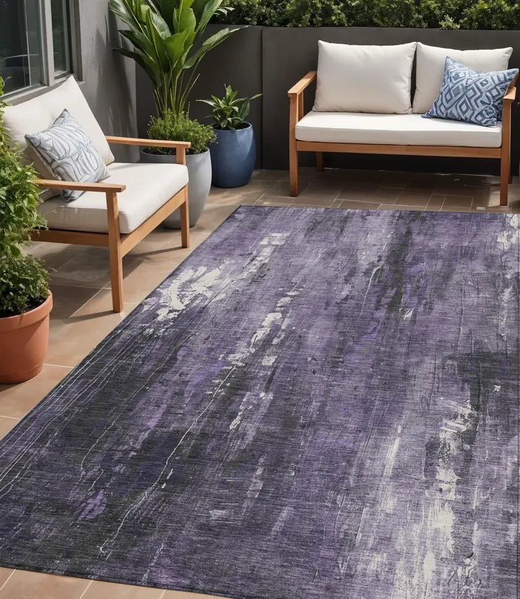 5' X 8' Purple And Ivory Abstract Washable Indoor Outdoor Area Rug