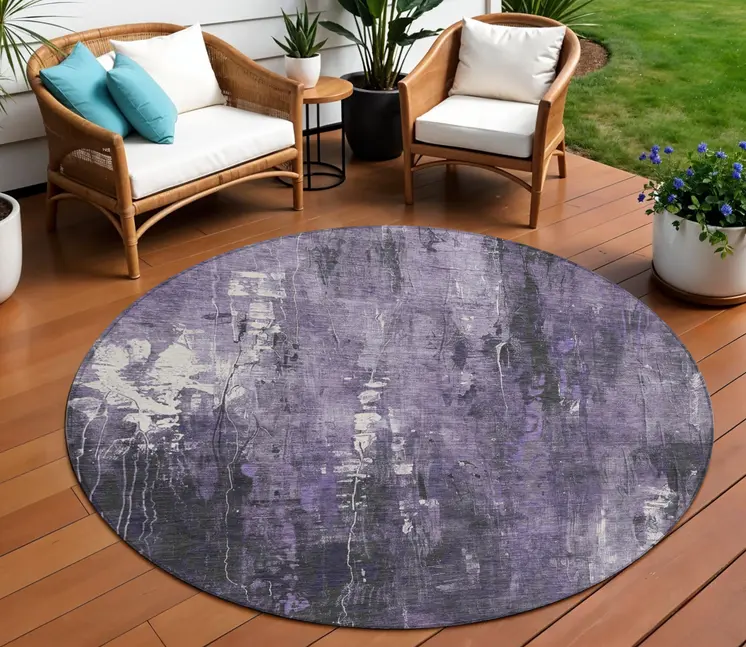 8' Purple And Ivory Round Abstract Washable Indoor Outdoor Area Rug
