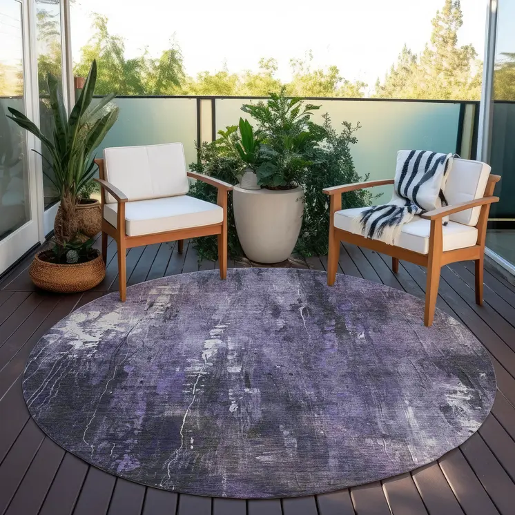8' Purple And Ivory Round Abstract Washable Indoor Outdoor Area Rug