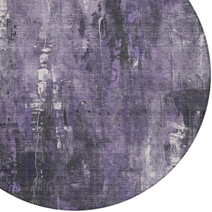 8' Purple And Ivory Round Abstract Washable Indoor Outdoor Area Rug