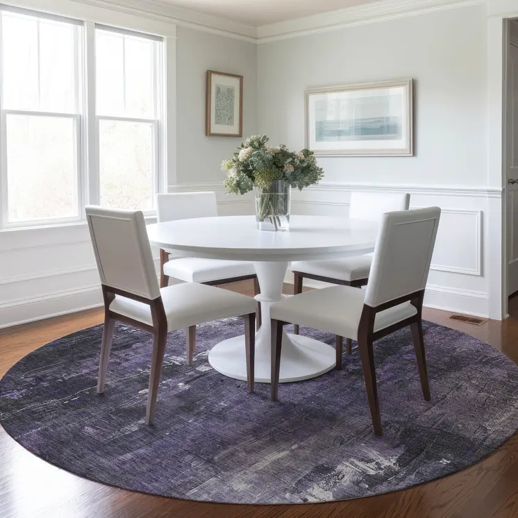 8' Purple And Ivory Round Abstract Washable Indoor Outdoor Area Rug