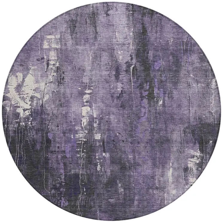 8' Purple And Ivory Round Abstract Washable Indoor Outdoor Area Rug