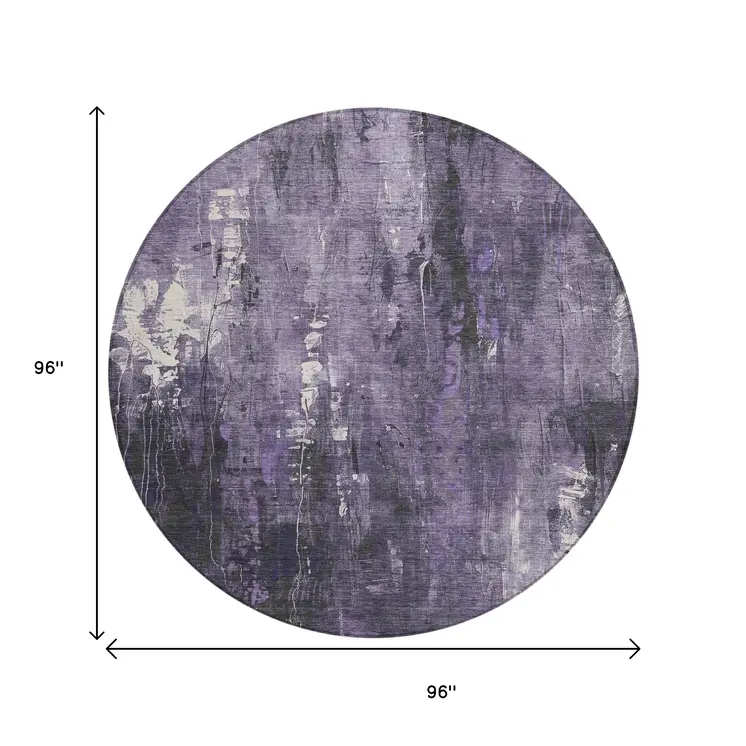 8' Purple And Ivory Round Abstract Washable Indoor Outdoor Area Rug