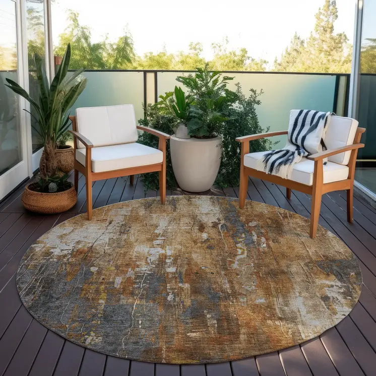 8' Rust Gray And Ivory Round Abstract Washable Indoor Outdoor Area Rug