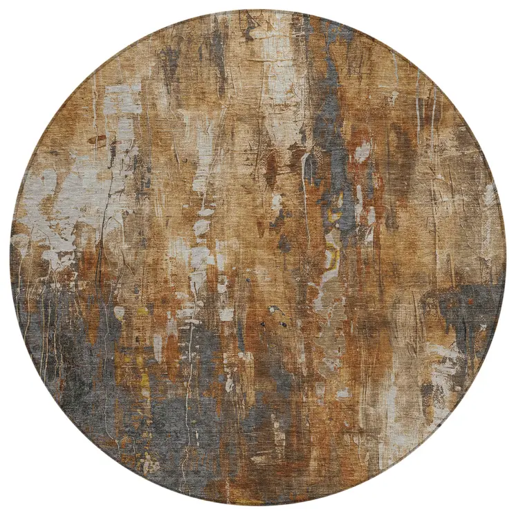 8' Rust Gray And Ivory Round Abstract Washable Indoor Outdoor Area Rug