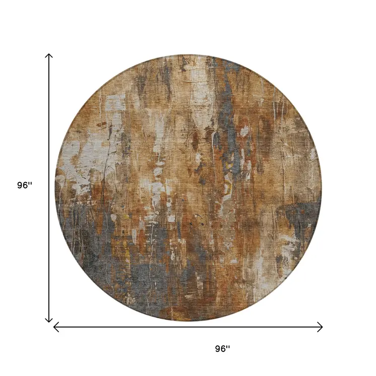 8' Rust Gray And Ivory Round Abstract Washable Indoor Outdoor Area Rug