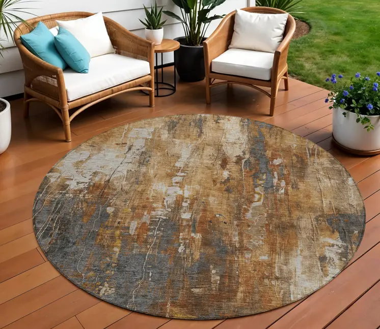 8' Rust Gray And Ivory Round Abstract Washable Indoor Outdoor Area Rug