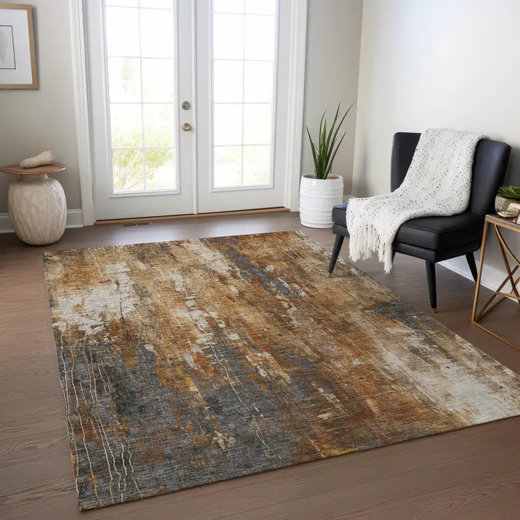 9' X 12' Rust Gray And Ivory Abstract Washable Indoor Outdoor Area Rug