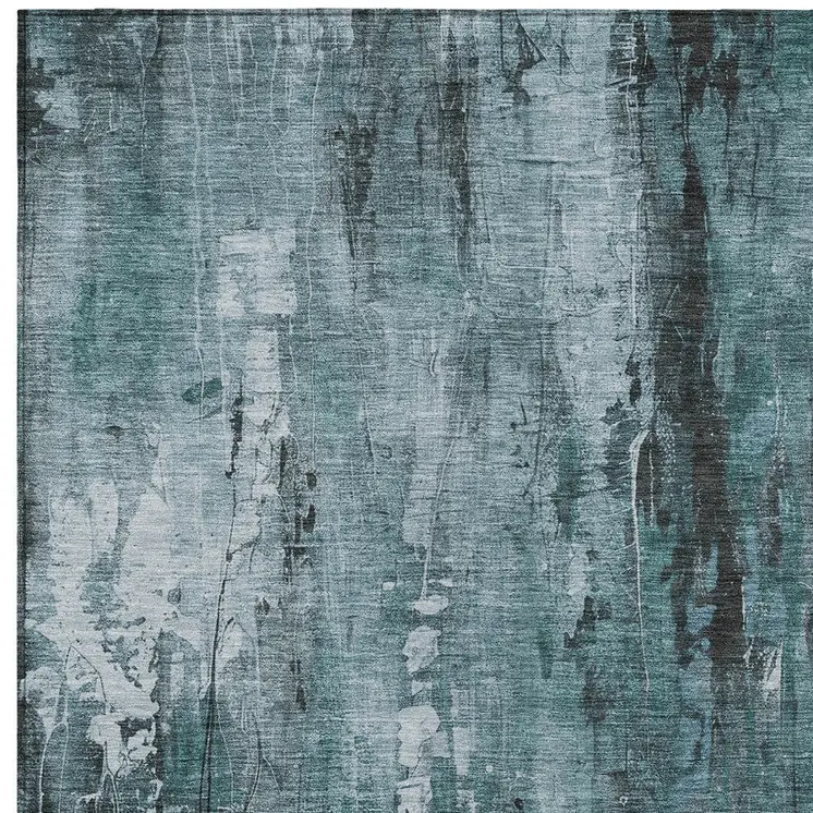 3' X 5' Teal Blue Gray And Ivory Abstract Washable Indoor Outdoor Area Rug