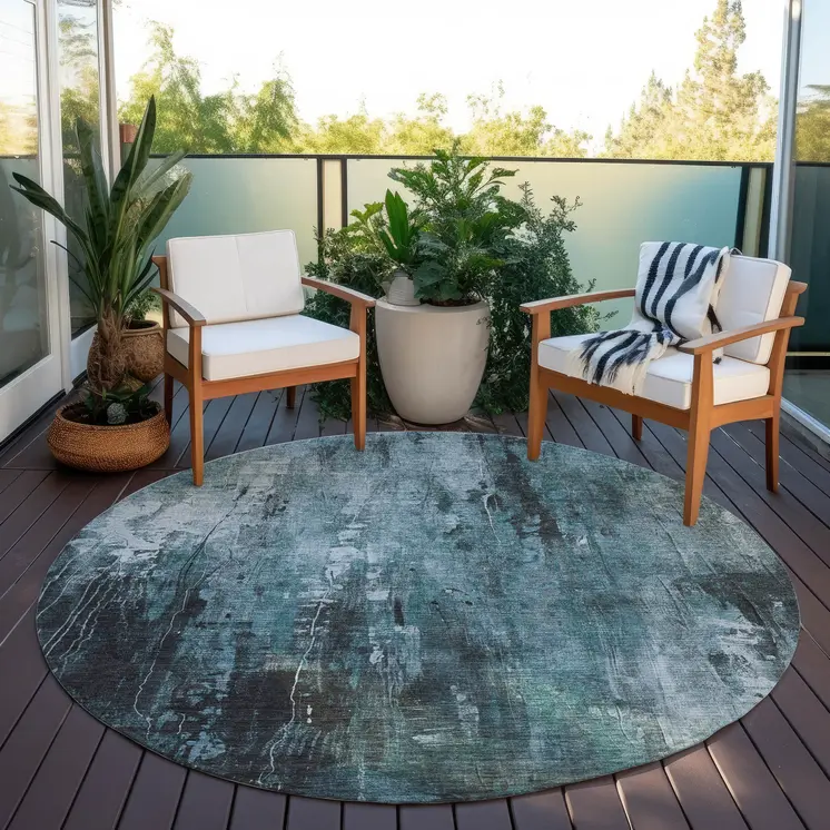 8' Teal Blue Gray And Ivory Round Abstract Washable Indoor Outdoor Area Rug