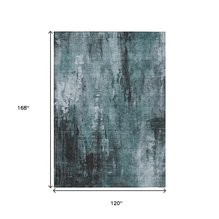 10' X 14' Teal Blue Gray And Ivory Abstract Washable Indoor Outdoor Area Rug