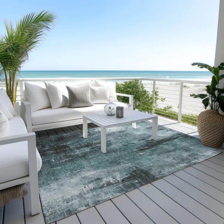 10' X 14' Teal Blue Gray And Ivory Abstract Washable Indoor Outdoor Area Rug