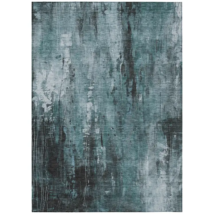 10' X 14' Teal Blue Gray And Ivory Abstract Washable Indoor Outdoor Area Rug