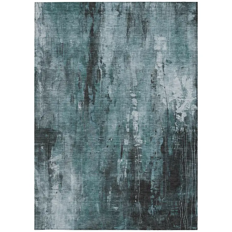 10' X 14' Teal Blue Gray And Ivory Abstract Washable Indoor Outdoor Area Rug