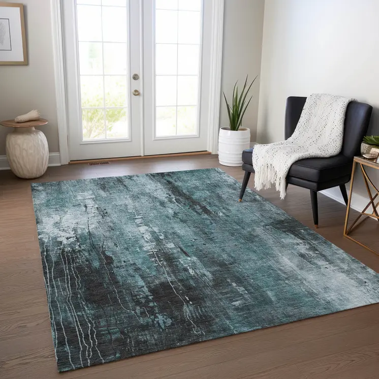 10' X 14' Teal Blue Gray And Ivory Abstract Washable Indoor Outdoor Area Rug