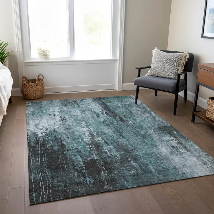 10' X 14' Teal Blue Gray And Ivory Abstract Washable Indoor Outdoor Area Rug