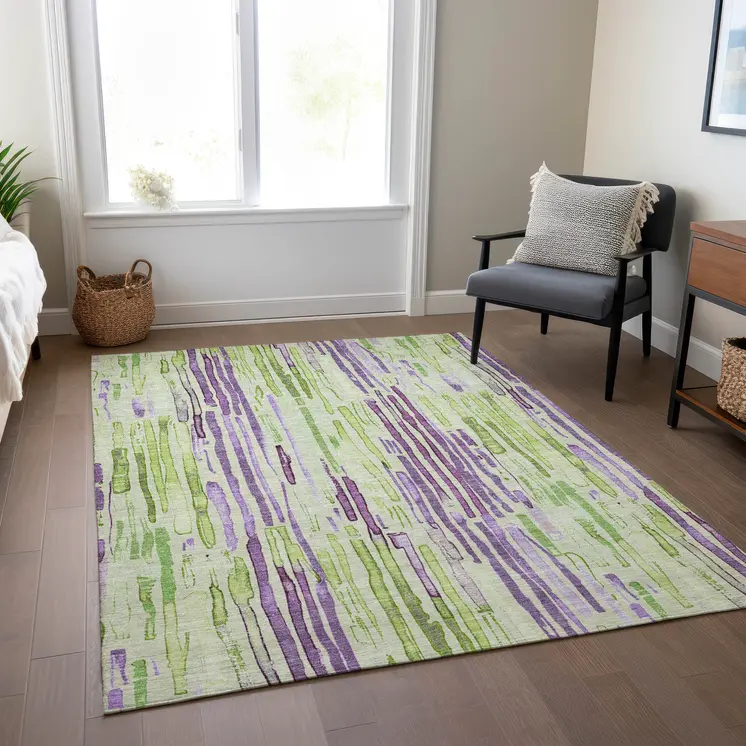 3' X 5' Artichoke Green And Purple Striped Washable Indoor Outdoor Area Rug