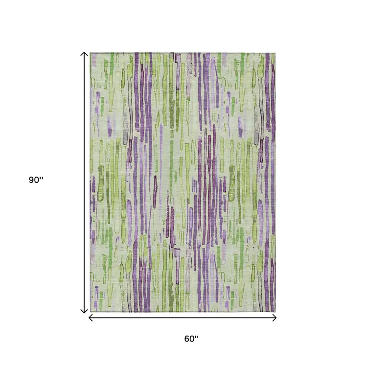 5' X 8' Artichoke Green And Purple Striped Washable Indoor Outdoor Area Rug