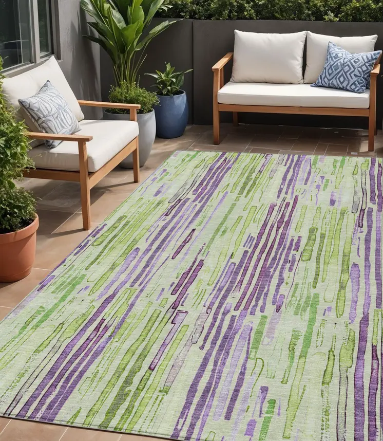 5' X 8' Artichoke Green And Purple Striped Washable Indoor Outdoor Area Rug