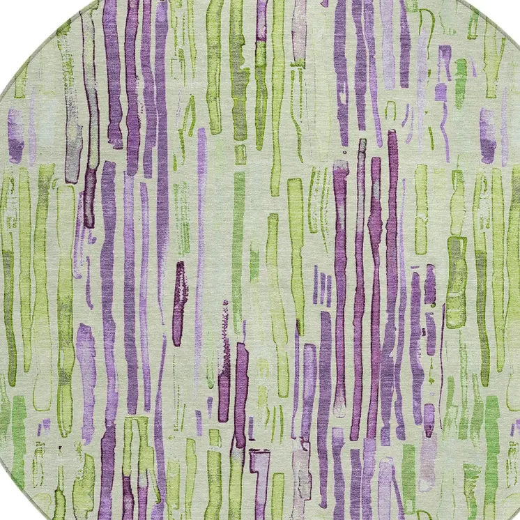 8' Artichoke Green And Purple Round Striped Washable Indoor Outdoor Area Rug