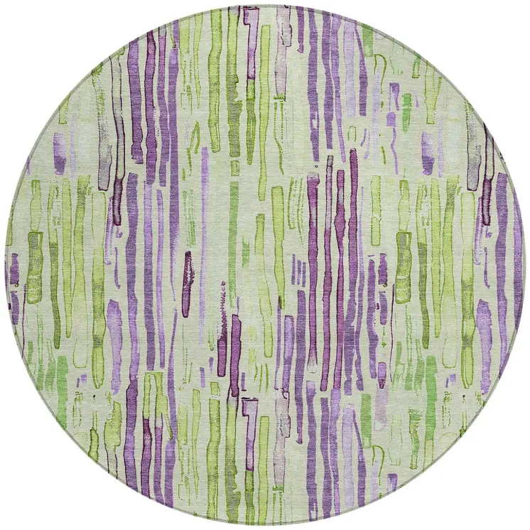 8' Artichoke Green And Purple Round Striped Washable Indoor Outdoor Area Rug