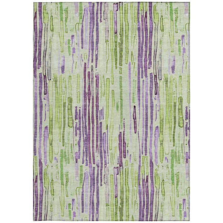 8' X 10' Artichoke Green And Purple Striped Washable Indoor Outdoor Area Rug
