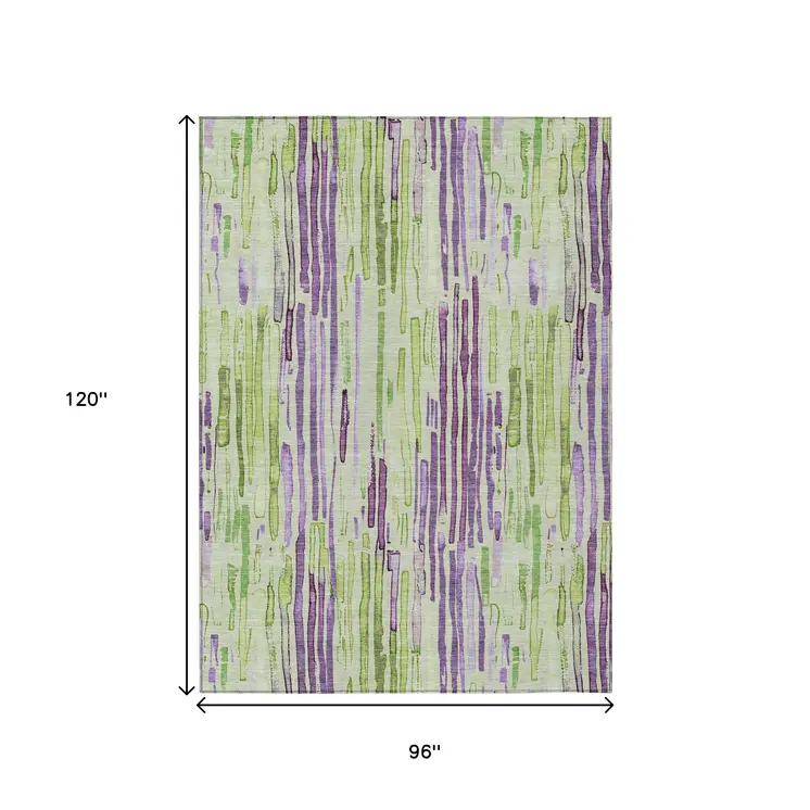 8' X 10' Artichoke Green And Purple Striped Washable Indoor Outdoor Area Rug