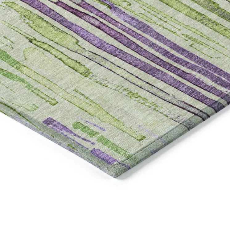 8' X 10' Artichoke Green And Purple Striped Washable Indoor Outdoor Area Rug