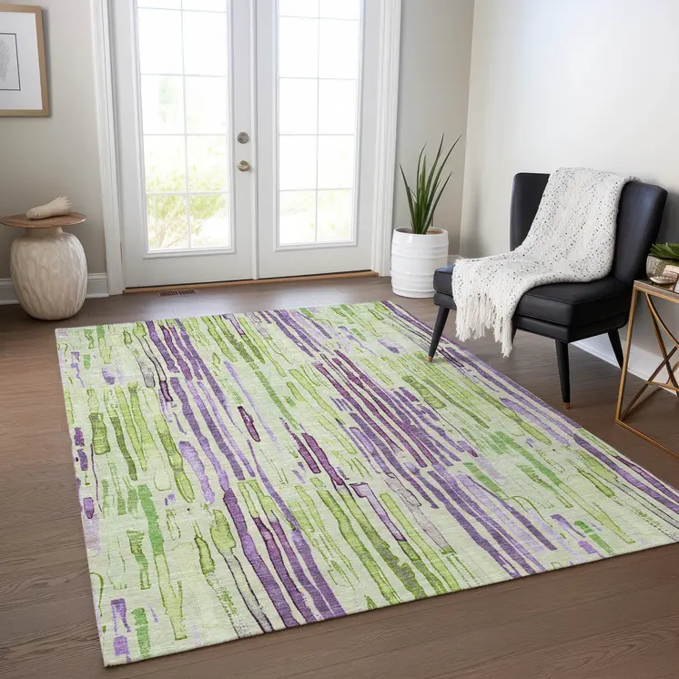 8' X 10' Artichoke Green And Purple Striped Washable Indoor Outdoor Area Rug