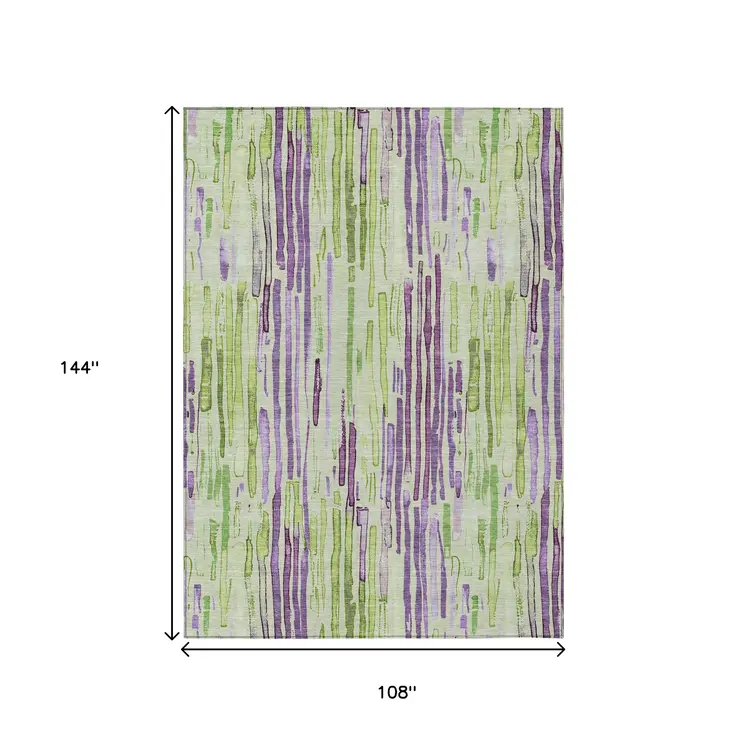 9' X 12' Artichoke Green And Purple Striped Washable Indoor Outdoor Area Rug