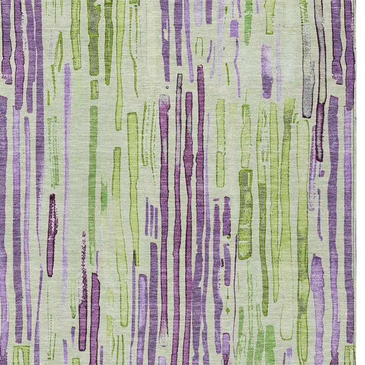 9' X 12' Artichoke Green And Purple Striped Washable Indoor Outdoor Area Rug
