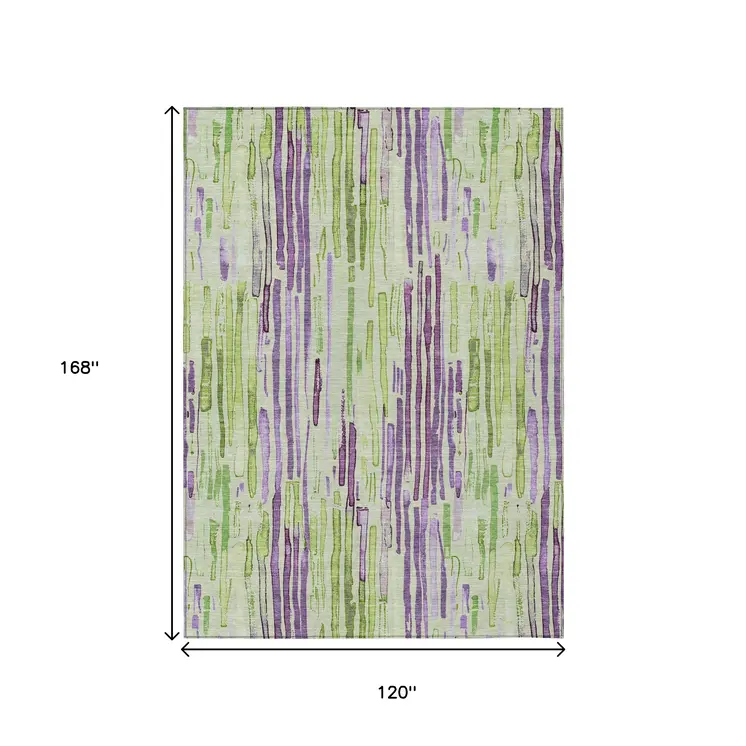 10' X 14' Artichoke Green And Purple Striped Washable Indoor Outdoor Area Rug