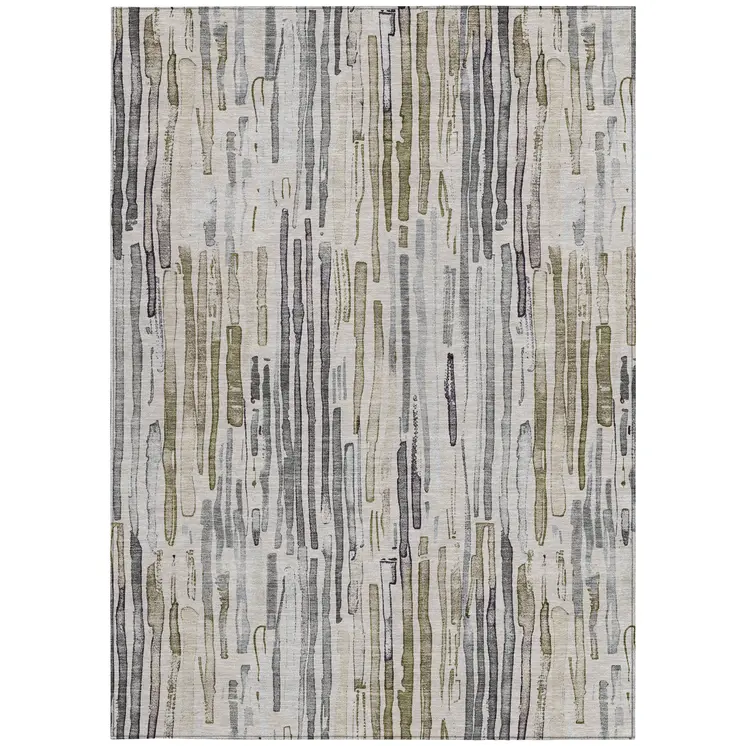 3' X 5' Beige And Gray Striped Washable Indoor Outdoor Area Rug