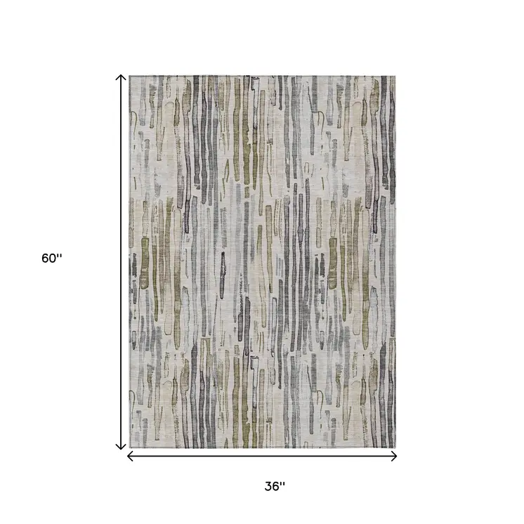 3' X 5' Beige And Gray Striped Washable Indoor Outdoor Area Rug