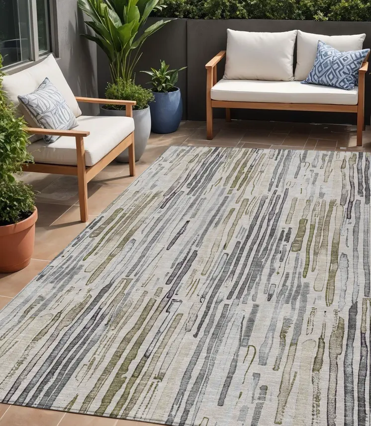 5' X 8' Beige And Gray Striped Washable Indoor Outdoor Area Rug
