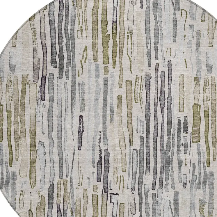 8' Beige And Gray Round Striped Washable Indoor Outdoor Area Rug