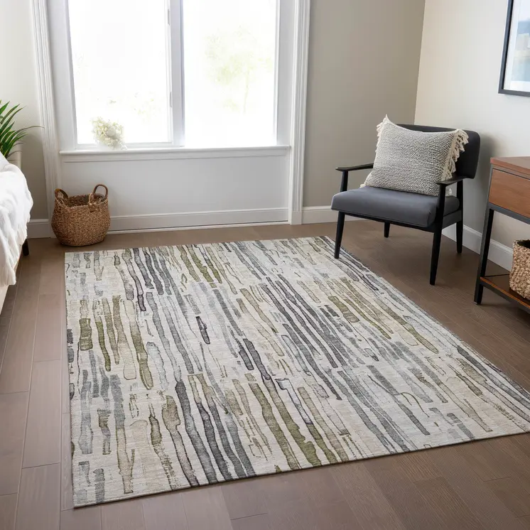 9' X 12' Beige And Gray Striped Washable Indoor Outdoor Area Rug