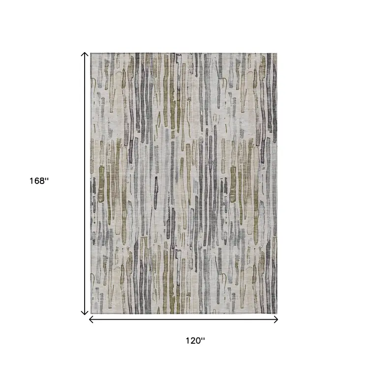 10' X 14' Beige And Gray Striped Washable Indoor Outdoor Area Rug