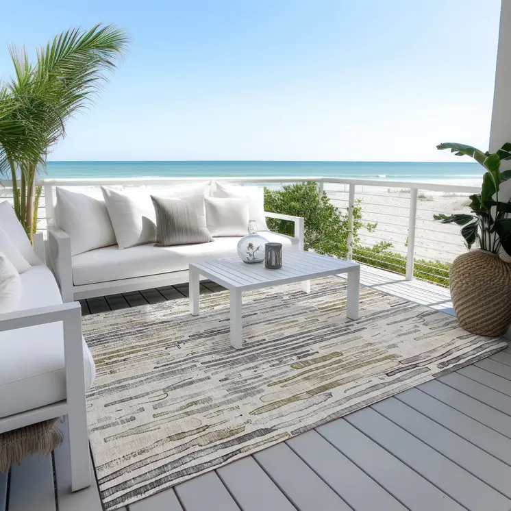 10' X 14' Beige And Gray Striped Washable Indoor Outdoor Area Rug