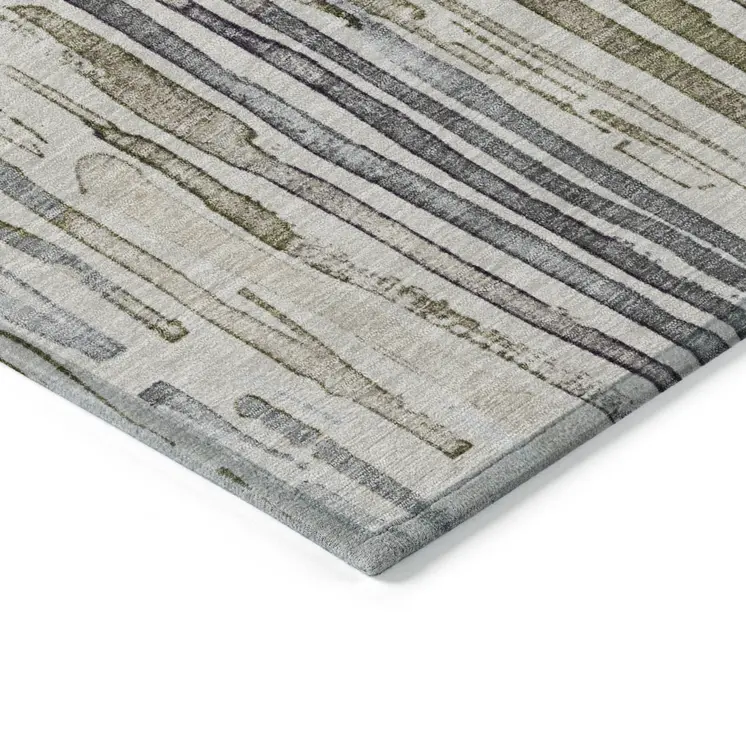 10' X 14' Beige And Gray Striped Washable Indoor Outdoor Area Rug
