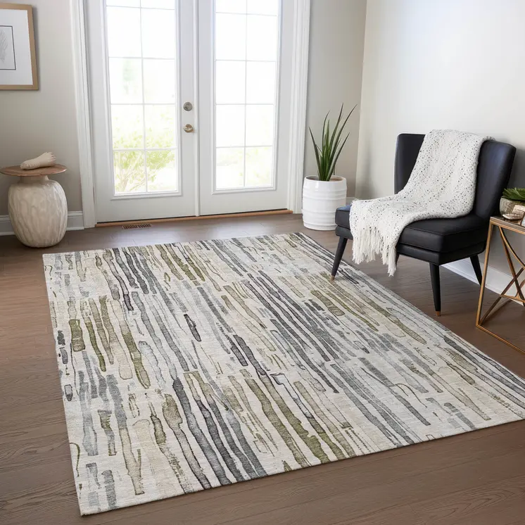 10' X 14' Beige And Gray Striped Washable Indoor Outdoor Area Rug